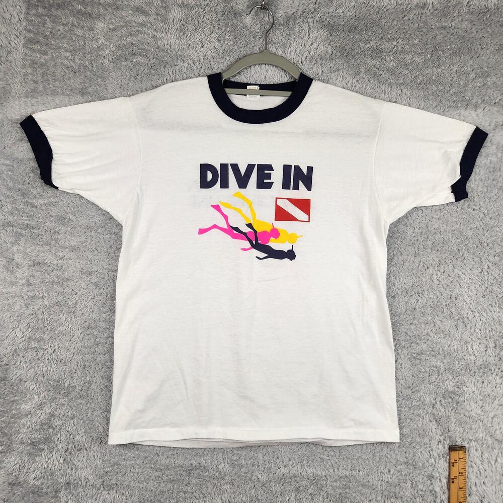 Vintage Norwegian Cruise Line Shirt Mens XL White Scuba Dive In Logo Ringer 80s